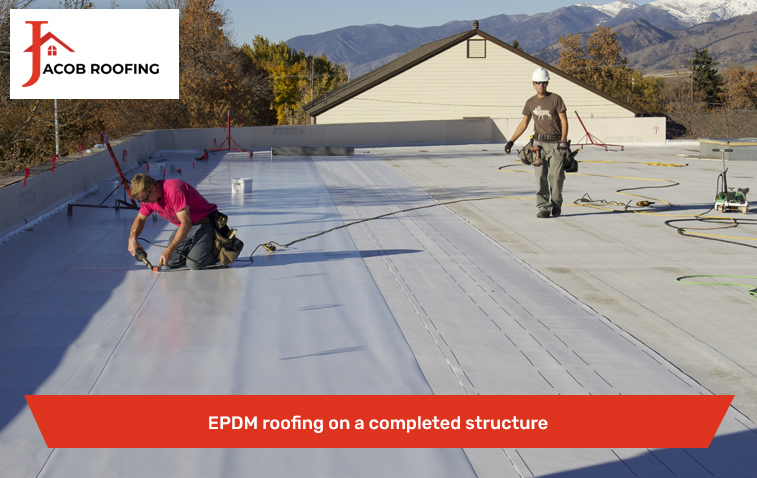 Completed EPDM roofing on a commercial building